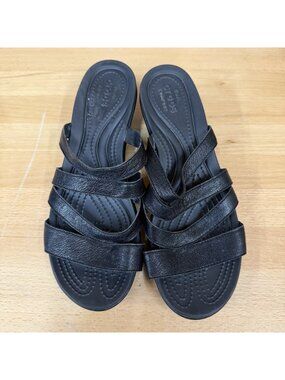 Crocs Leigh-Ann Leather Strap Mini Wedge Sandals Black 204730 Women’s Size 8